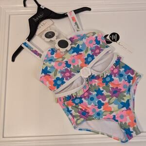 Nicole Miller Girls Swimsuit Floral CutOut One Piece Summer Frilly - Size 10